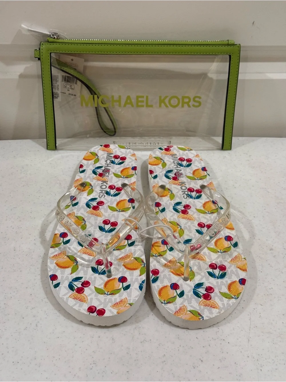 NEW Michael KORS Signature Tropical Fruit Print Wristlet & Sandal Set
